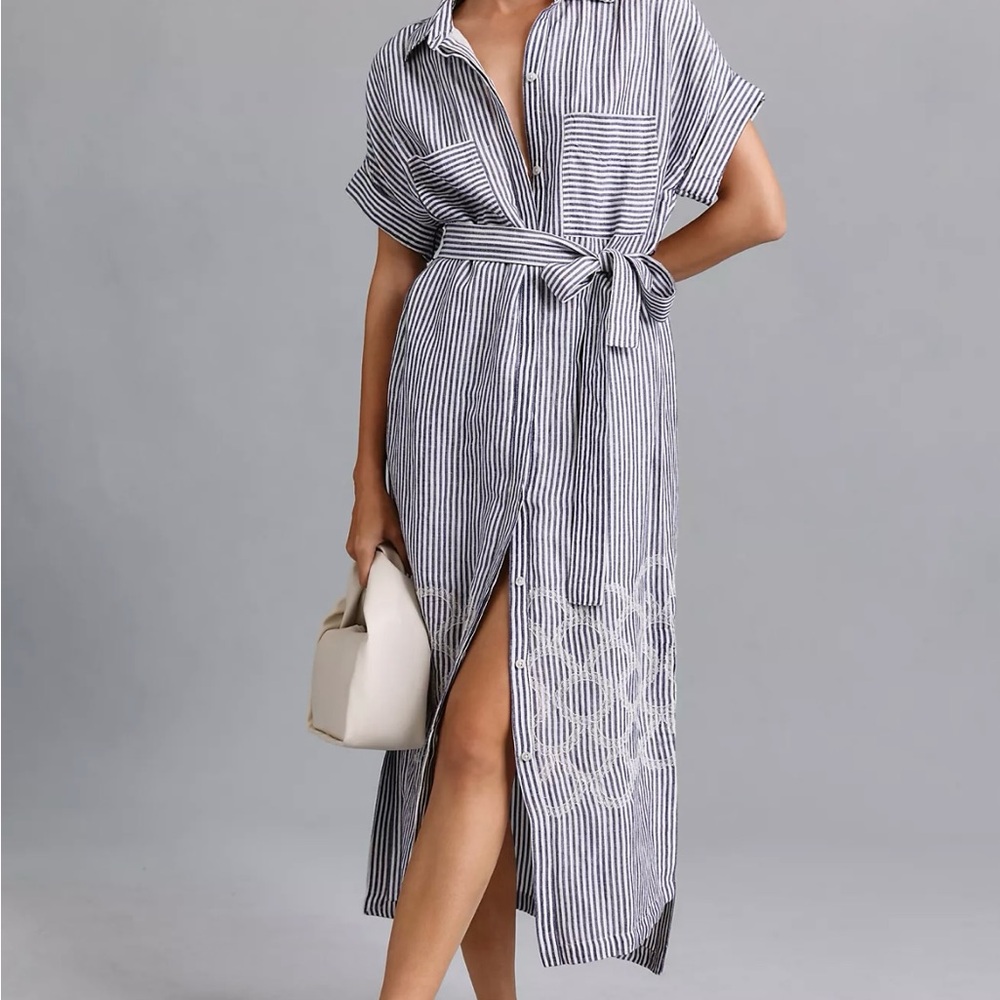 Anthropologie Short-Sleeve Embroidered Shirt Dress